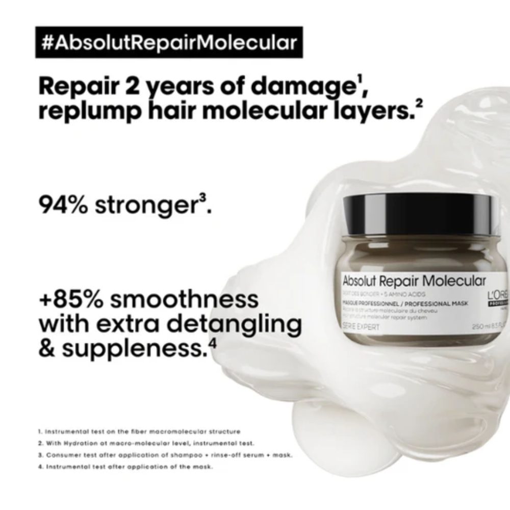 L'Oreal Professionnel Absolut Repair Molecular Professional Concentrated Rinse-off Mask For Damaged Hair Types 250ml - Image 6